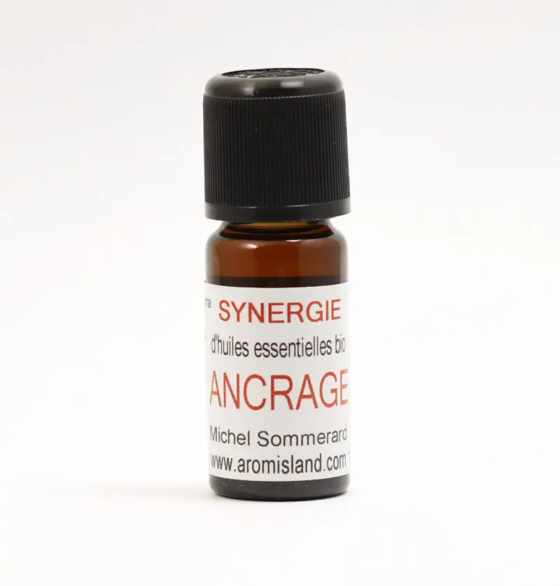 Flacon de Synergie Ancrage Équilibre et Sérénité, mélange d’huiles essentielles bio aux notes boisées et épicées.